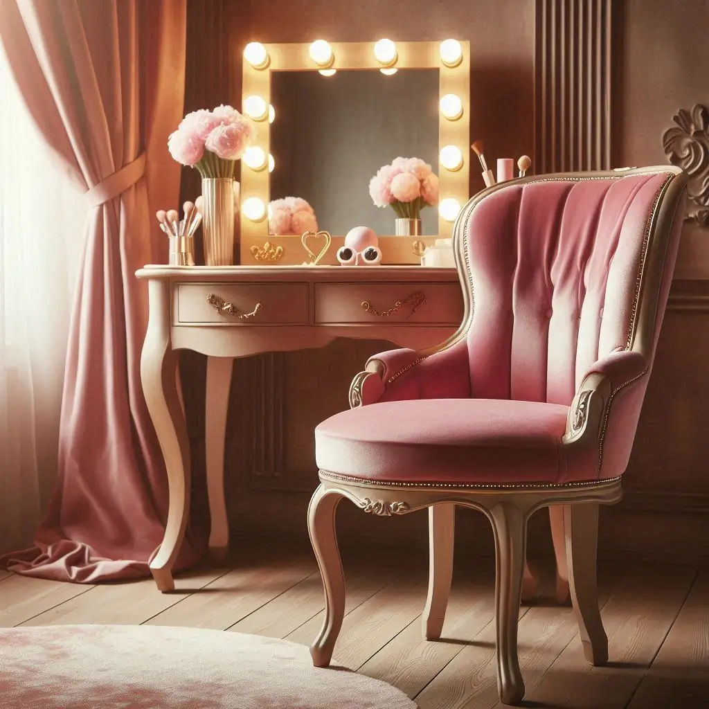 Une chaise de coiffeuse vintage en velours rose avec des lumières de style Hollywood.