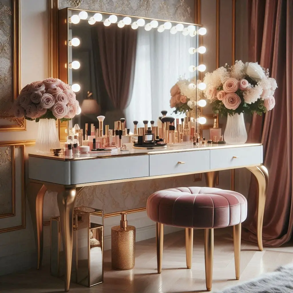 coiffeuse avec grand miroir carré avec pleins d'ampoules à LED