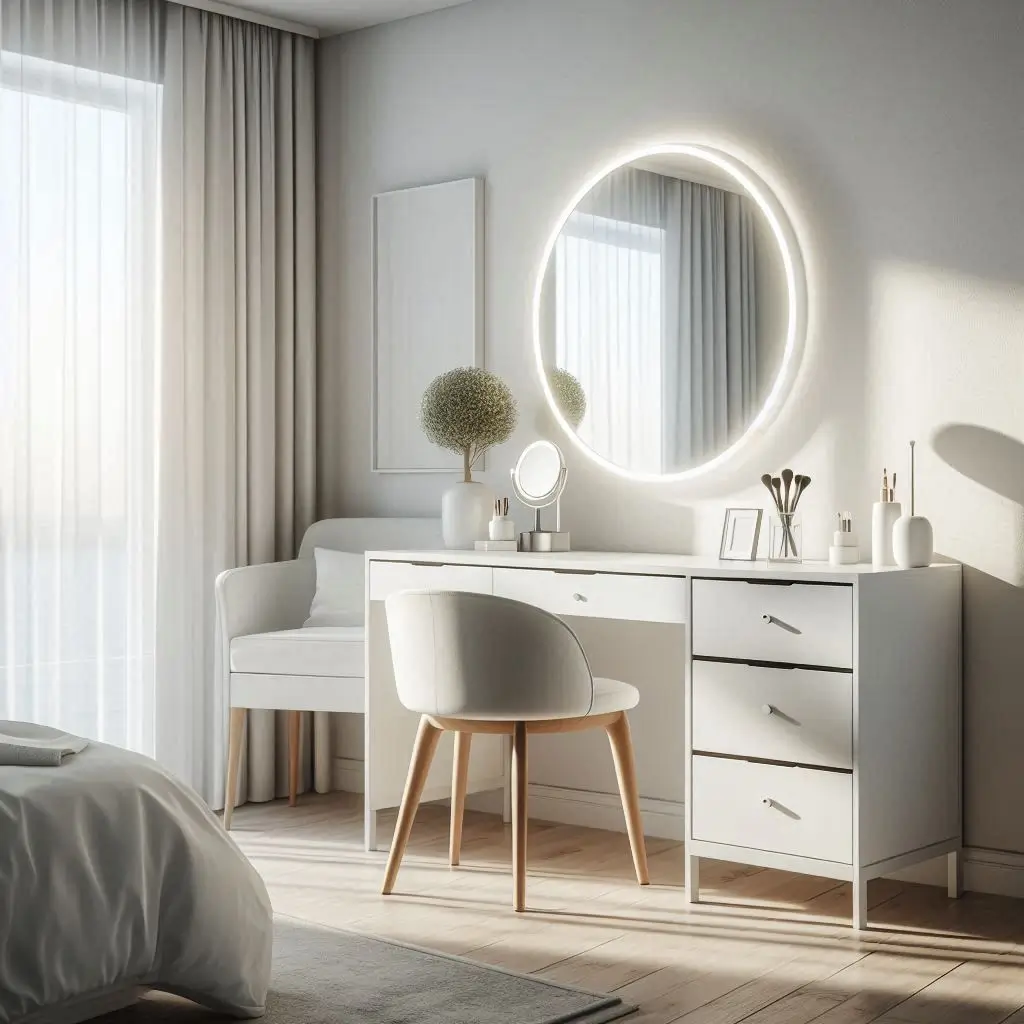 coiffeuse miroir avec led dans une chambre moderne