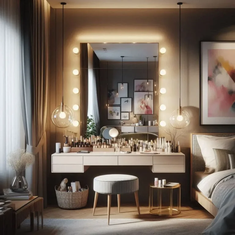 une coiffeuse avec miroir LED moderne dans une chambre